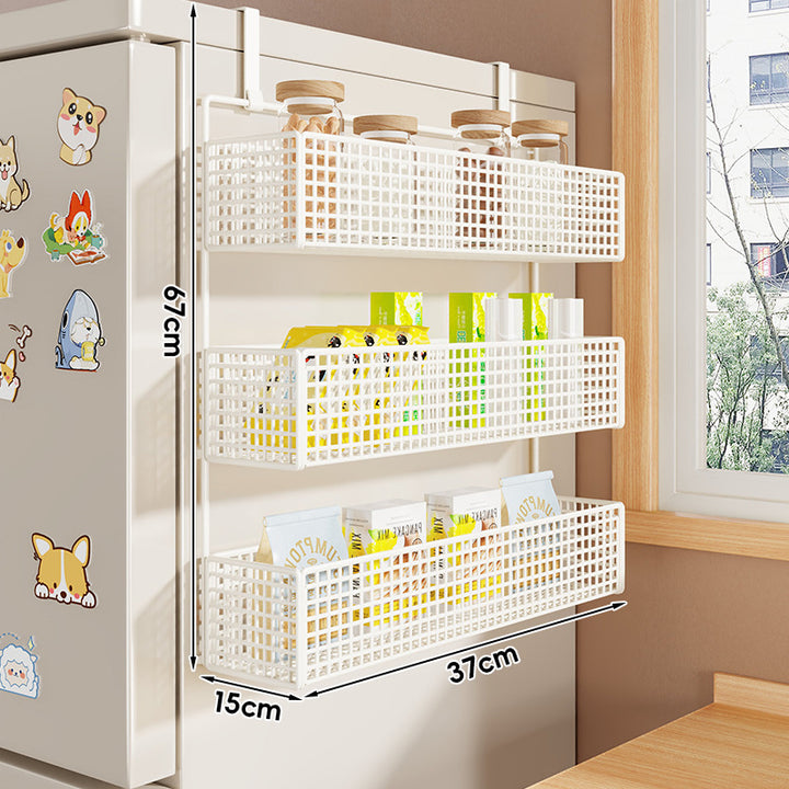 Over-Refrigerator Vertical Hanging Mesh Storage Rack with Deep Baskets and Hook Rail
