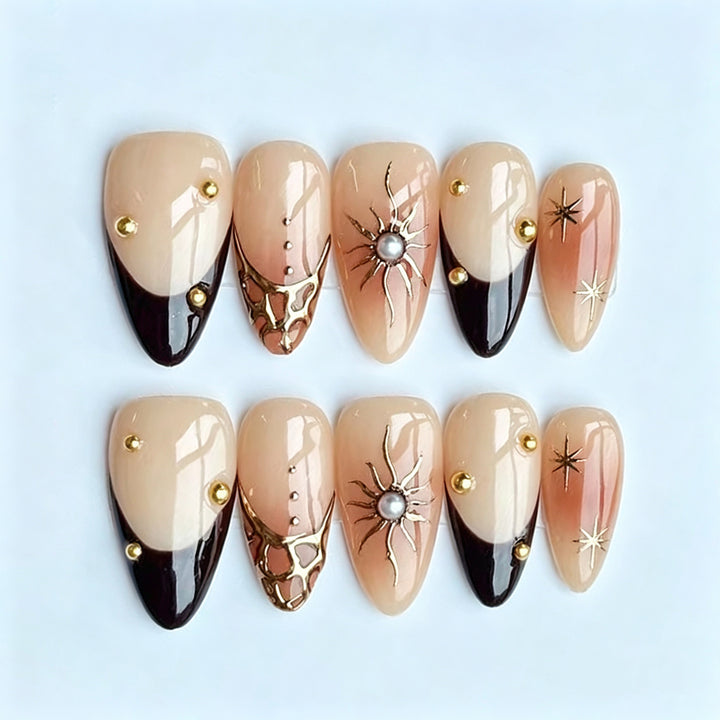 Artistic Stiletto Press-On Nail Art Set with Gold Accents Kalsten