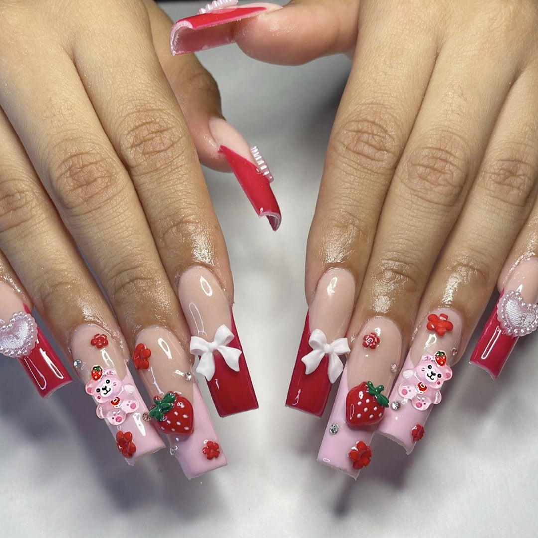 Creative 3D Strawberry and Bow Nail Art Extensions Kalsten