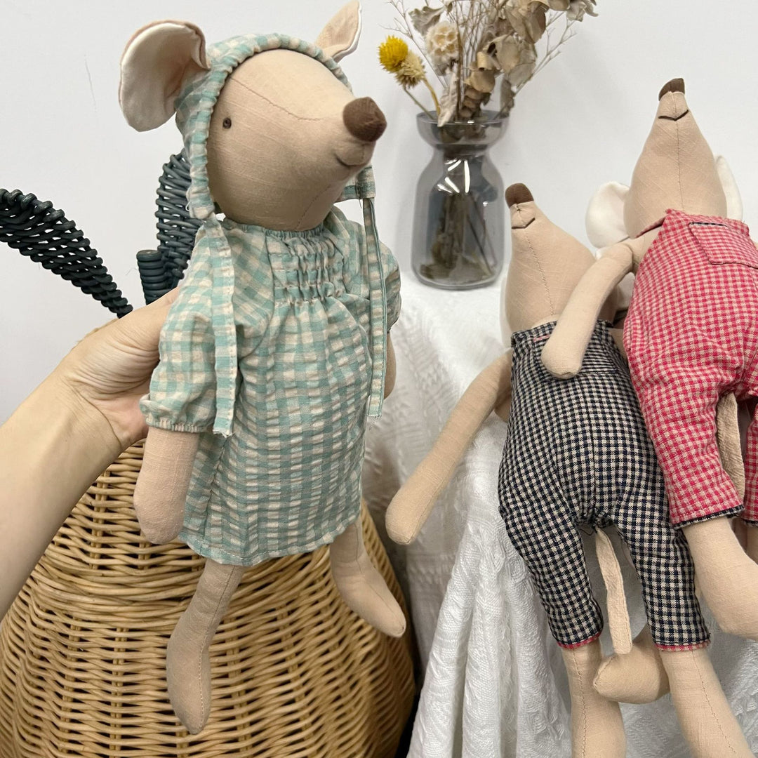 Soft Artisan Mouse Comforter Doll with Polka-Dot Cotton Romper and Linen Collar