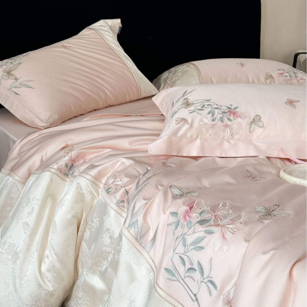 Satin bedding set with delicate flower and butterfly embroidery