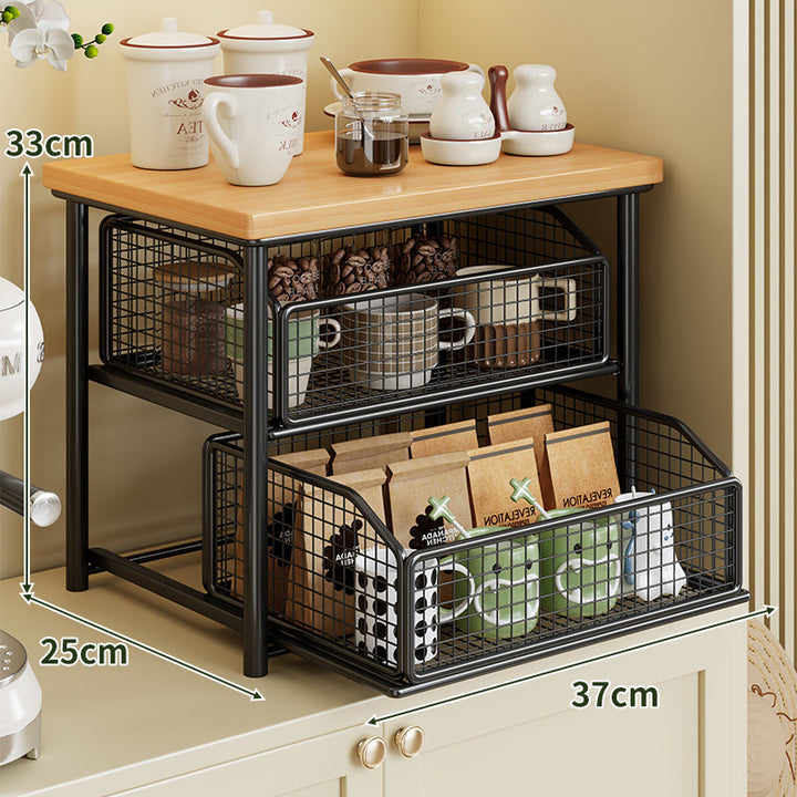 Countertop Wooden Top Metal Storage Rack with Sliding Wire Basket