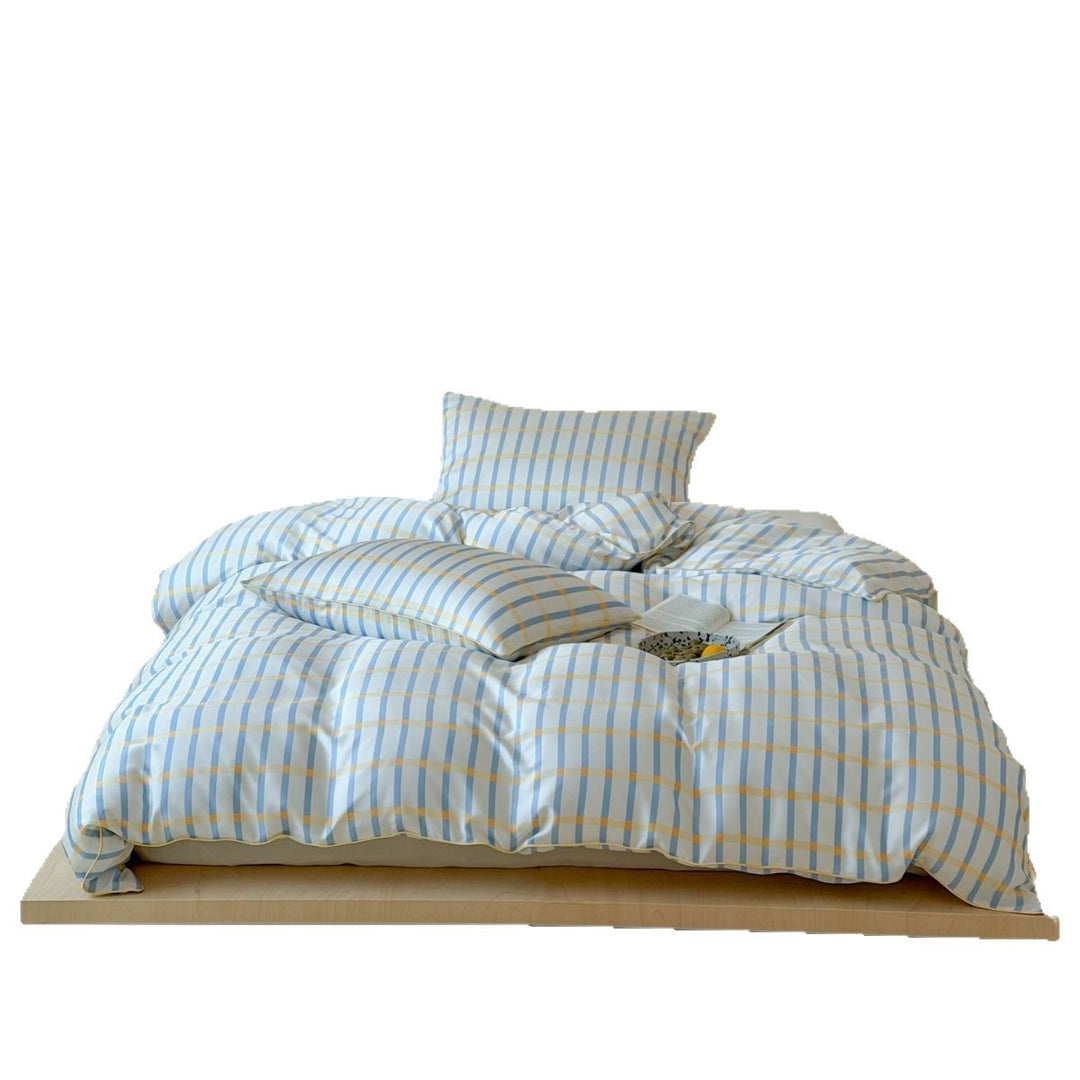 Soft cotton satin bedding with fine check and stripe pattern