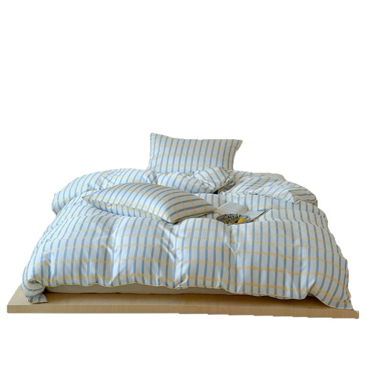 Soft cotton satin bedding with fine check and stripe pattern