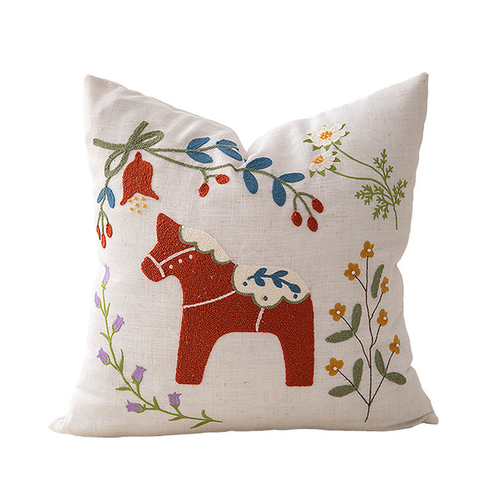 Embroidered linen decorative pillow with botanical flower embroidery