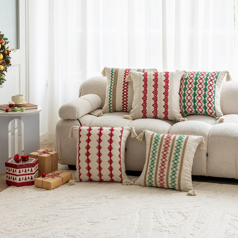 Square Handloom Cotton Accent Pillow with Vertical Embroidered Geometric Bands and Knotted Corner Tassels