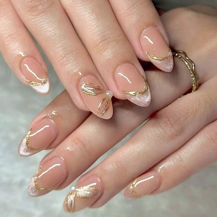Elegant French Tip Press-On Nails with Gold Accents