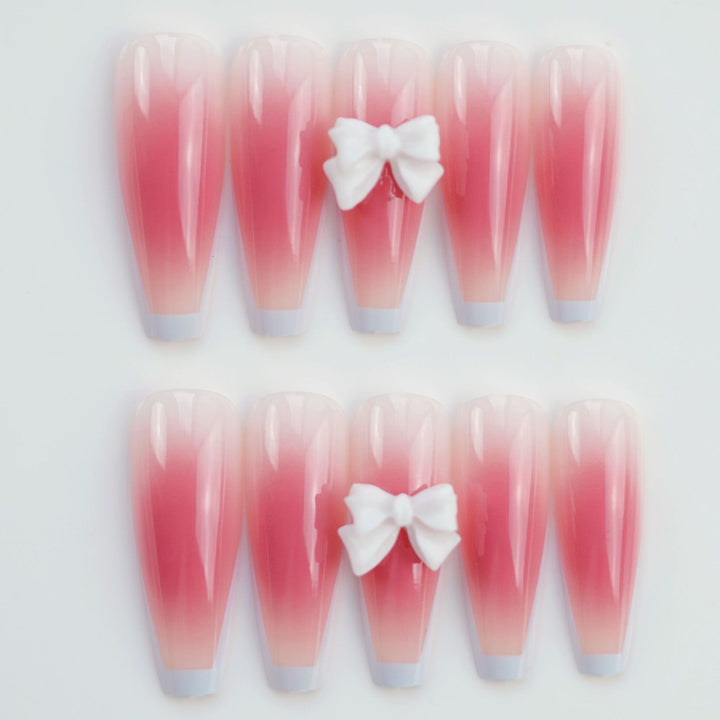 Elegant Long Coffin Press-On Nails with Bow Accents