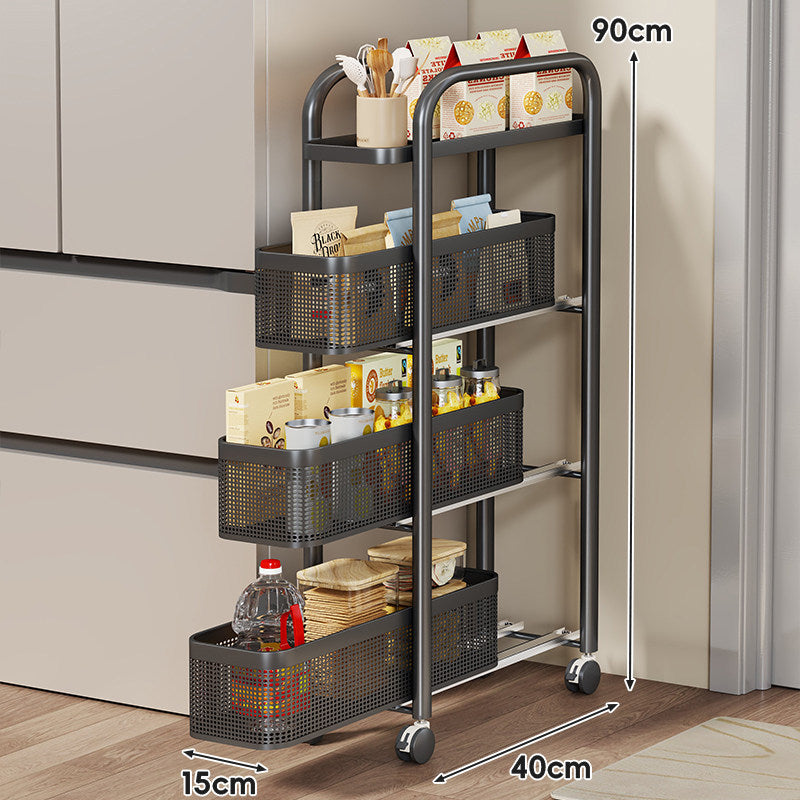 Slim Sliding Pantry Trolley with Perforated Pull-Out Mesh Baskets and Locking Casters