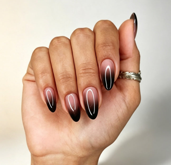 Artificial nails with elegant ombre design and filigree edge Kalsten