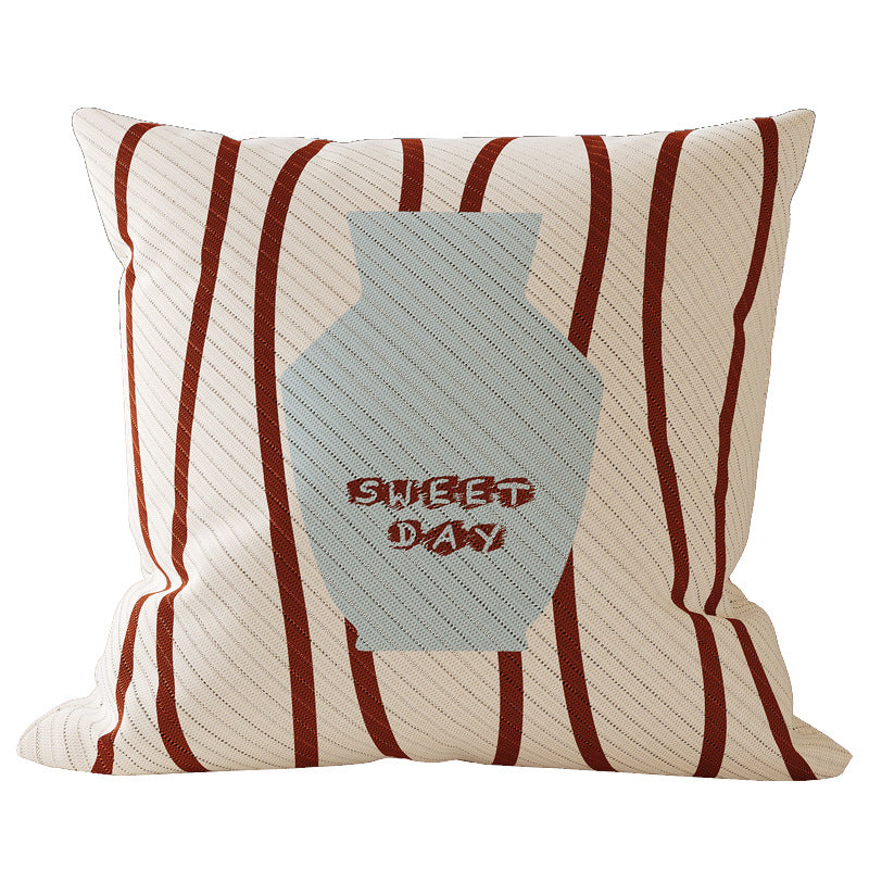 Decorative Square Throw Pillow Cover with Coffee Mug Graphic and Striped Jacquard Texture