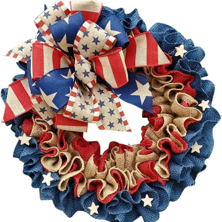 Unisex nan patriotic burlap wreath with layered ruffled Americana bow Kalsten