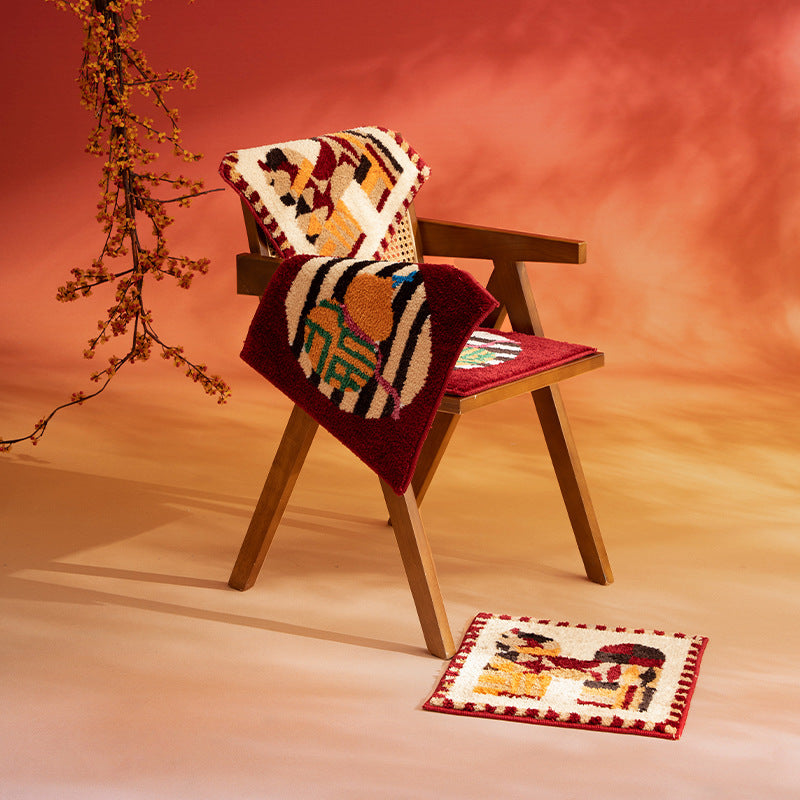 Hand-tufted decorative rug square with folk-style horse motif