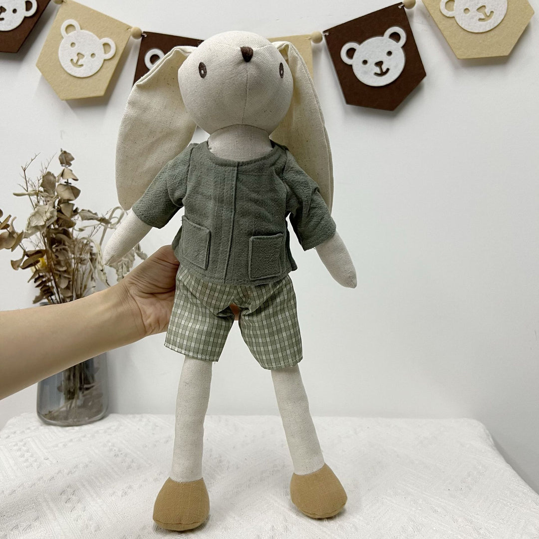 Handcrafted Organic Cotton Bunny Doll with Linen Jacket and Plaid Shorts