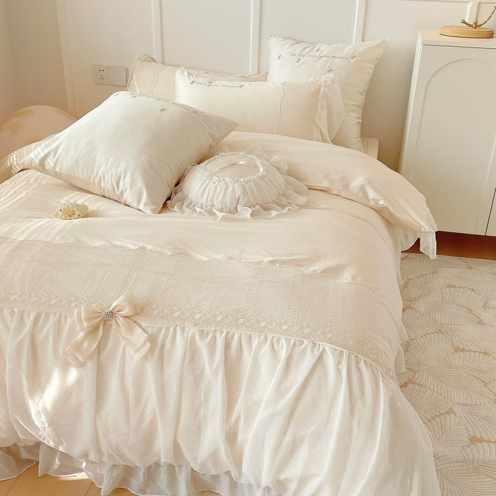 Romantic ruffle duvet cover set with frill, bow appliqué and delicate embroidery