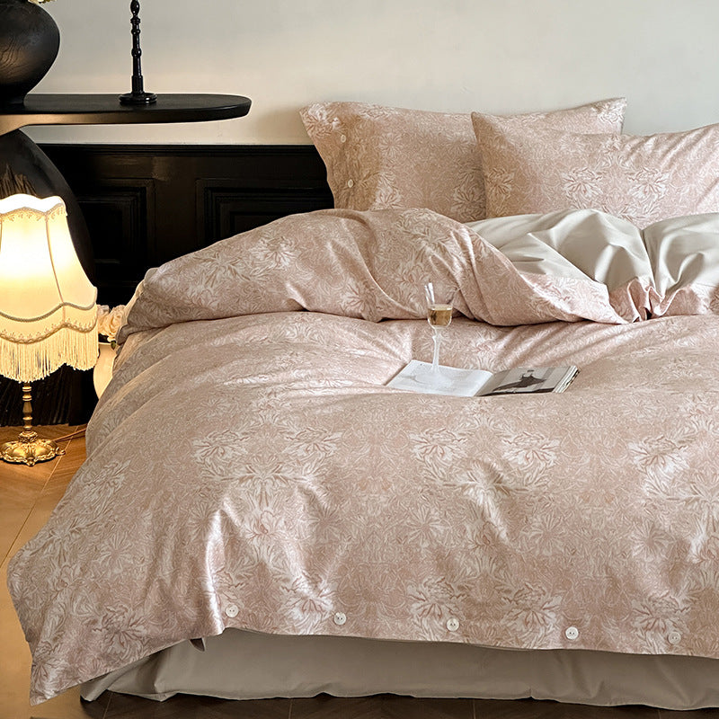 Luxurious satin bedding set with delicate rose patterns and button placket