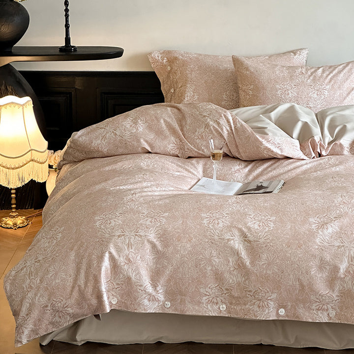 Luxurious satin bedding set with delicate rose patterns and button placket