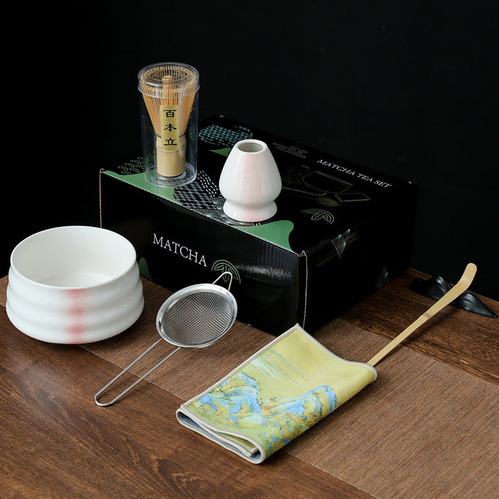 Traditional Japanese-Style Ceramic Matcha Tea Set With Bamboo Chasen Whisk Porcelain Matcha Bowl Brass Chashaku Scoop And Ceramic Whisk Holder