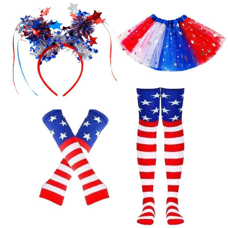 Women's Independence Day tulle tutu skirt with oversized bow headband over-the-knee star-striped stockings and matching arm sleeves Kalsten