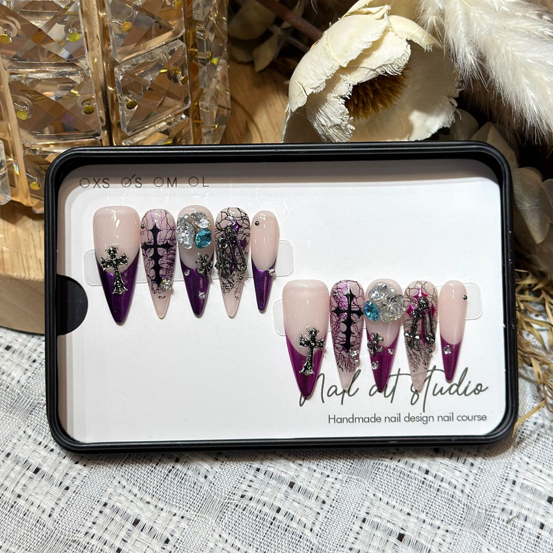 Artistic Stiletto Press-On Nail Set with Unique Floral and Gemstone Accents Kalsten