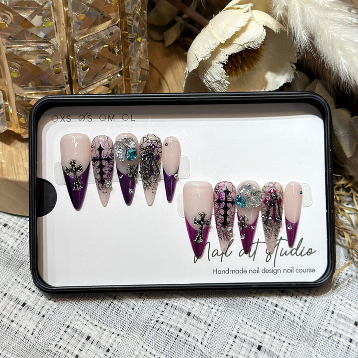 Artistic Stiletto Press-On Nail Set with Unique Floral and Gemstone Accents Kalsten