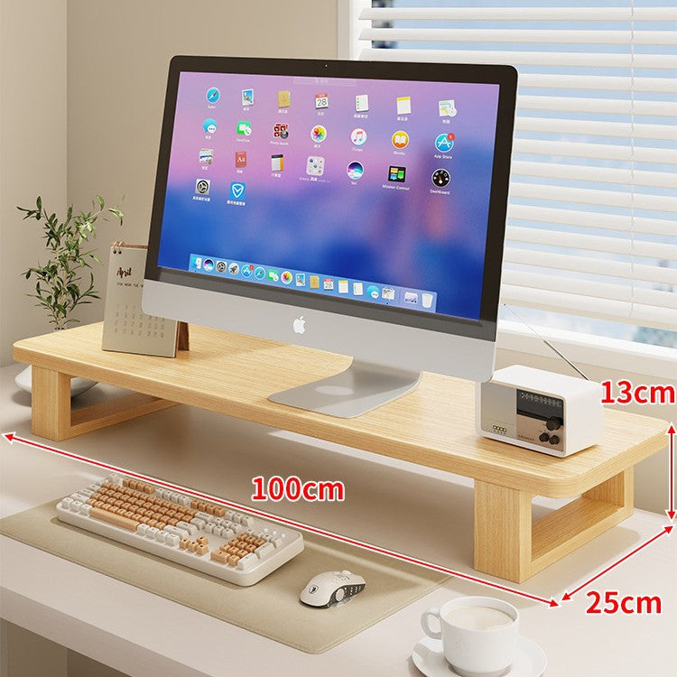 Wide Wooden Monitor Riser Shelf with Under-Shelf Storage and Cable Management