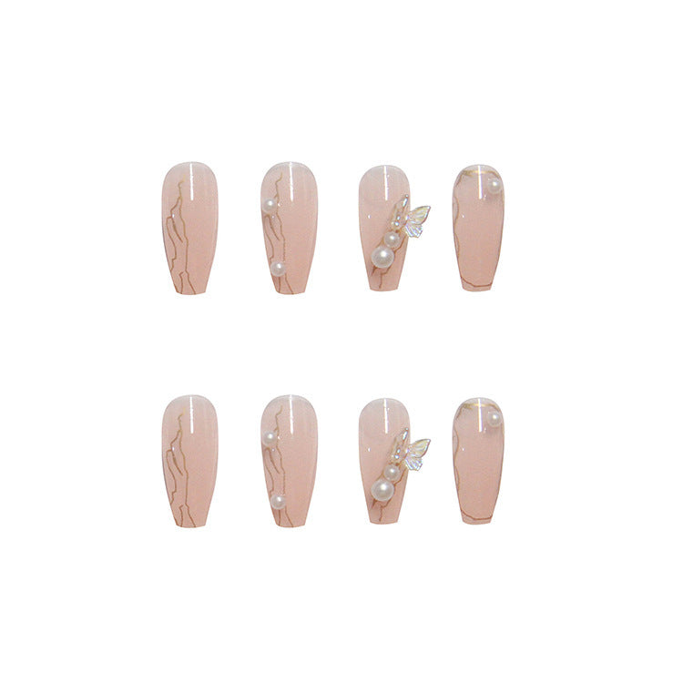 Artistic Press-On Nail Set Featuring Pearl and Gem Embellishments