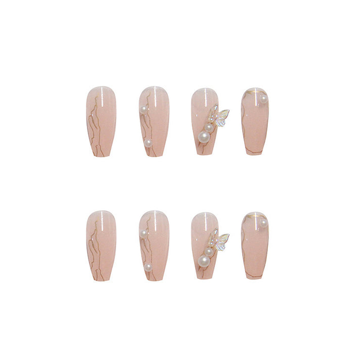 Artistic Press-On Nail Set Featuring Pearl and Gem Embellishments