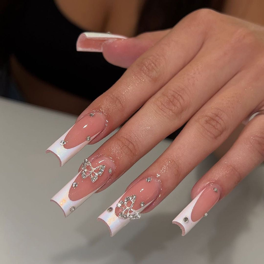 Artistic Gel Nails with Rhinestone Decorations Kalsten