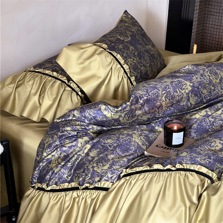 Reversible luxury bedding set made of cotton satin with gathered ruffle, floral jacquard inner side and contrasting velvet piping