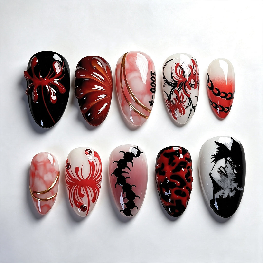 Artistic Press-On Nail Art Set with Intricate Spider and Skull Designs Kalsten