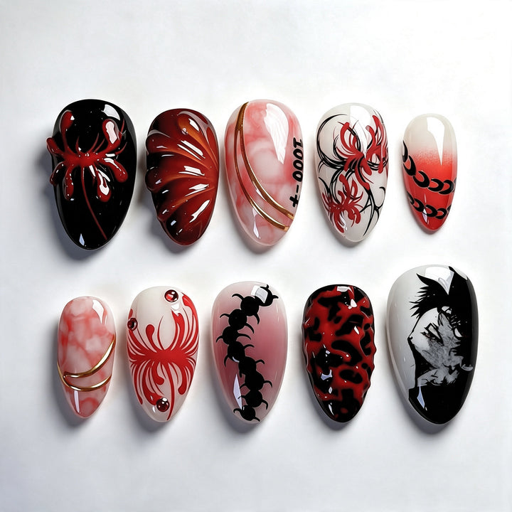 Artistic Press-On Nail Art Set with Intricate Spider and Skull Designs Kalsten
