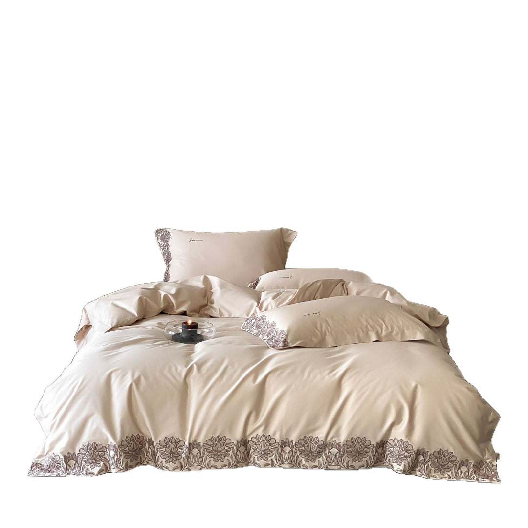 Cotton satin duvet cover set with fine floral border embroidery and silky feel