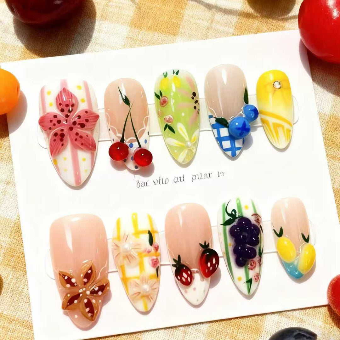 Decorative Press-On Nail Art Set with Floral and Fruit Designs Kalsten