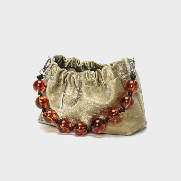 Ruched Velvet Shoulder Bag with Decorative Beaded Handle