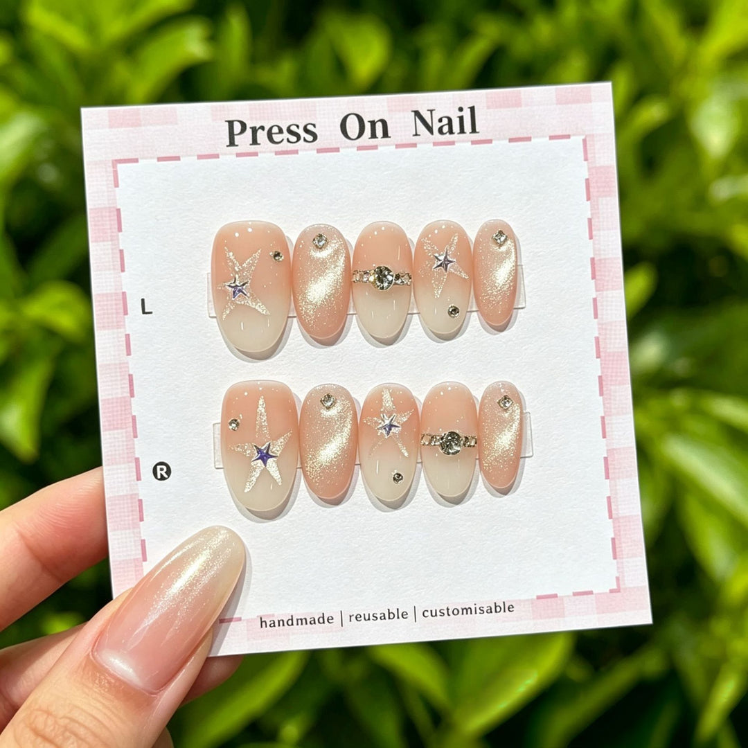 Artistic Press-On Nail Art Set with Cute Character and Bow Accents