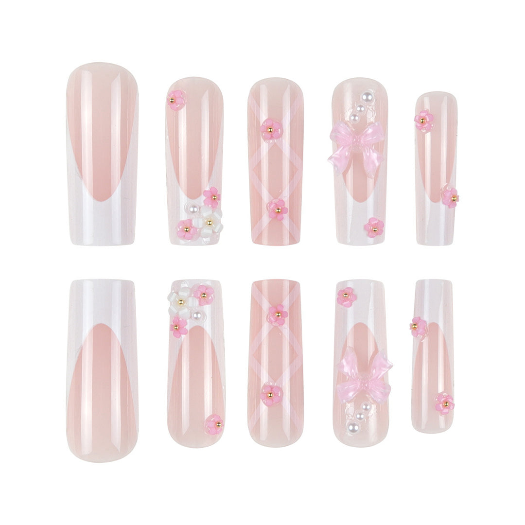 Floral Bow-Embellished Long Press-On Nails Kalsten