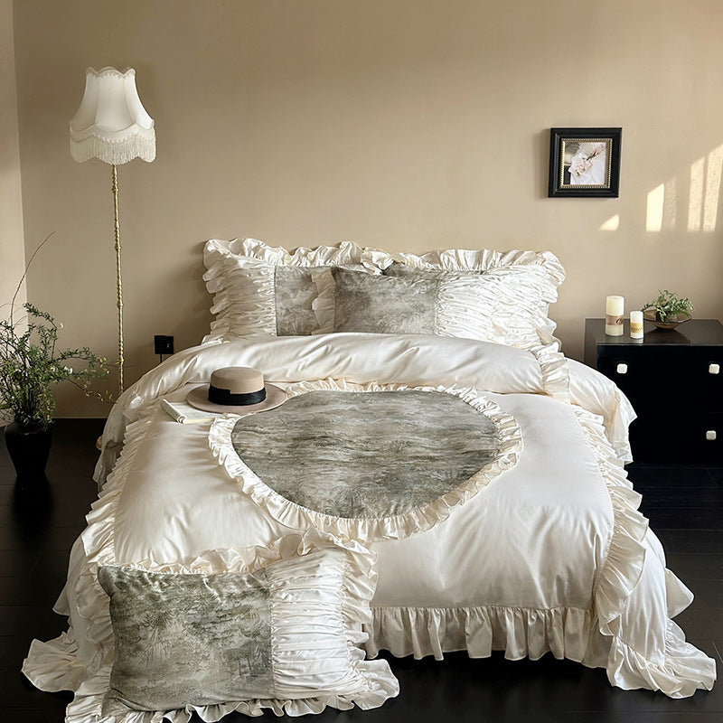 Luxurious Ruffle Bedding Set with Velvet Heart Appliqué