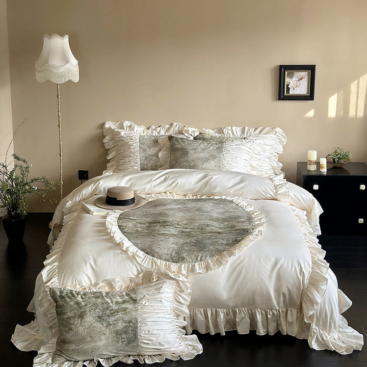 Luxurious Ruffle Bedding Set with Velvet Heart Appliqué