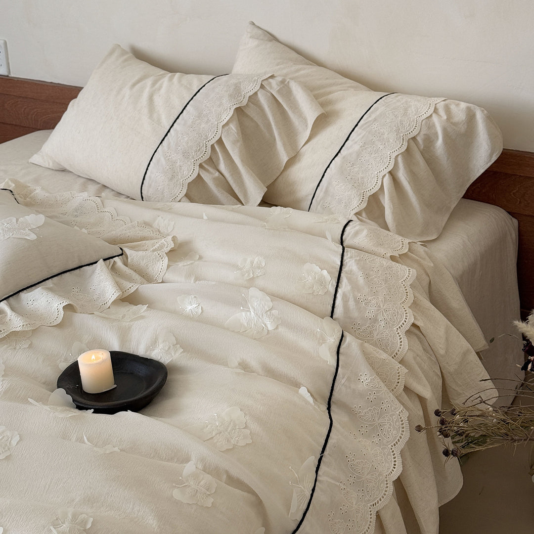 Romantic cotton bedding set with embroidery, lace frill, and fine piping