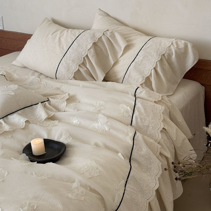 Romantic cotton bedding set with embroidery, lace frill, and fine piping