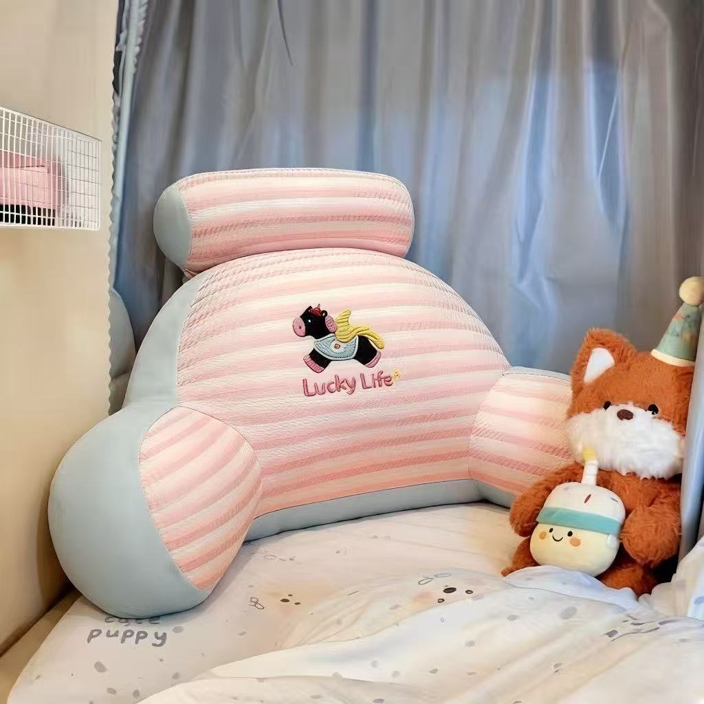 Padded bed backrest cushion with armrests and detachable neck roll