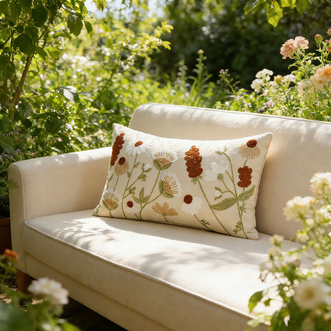 Embroidered Floral Lumbar Throw Pillow Cover with Textured Chenille Appliqué and Hidden Zipper