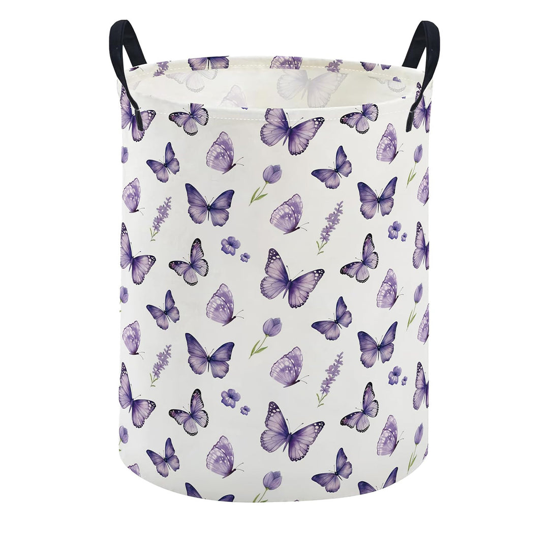 Collapsible Round Fabric Laundry Hamper With Butterfly Print Reinforced Carry Handles Waterproof Liner