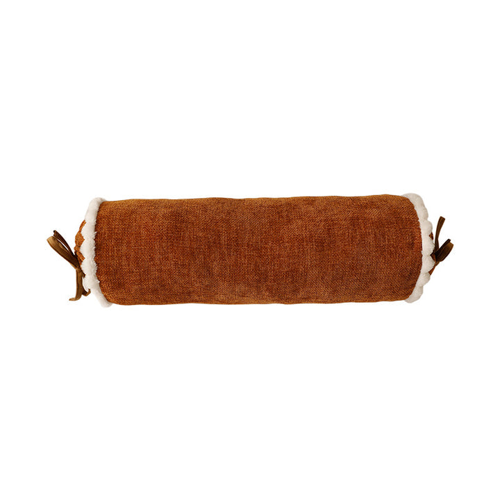 Cylindrical lumbar and neck pillow with velvety chenille surface and crocheted trim Kalsten