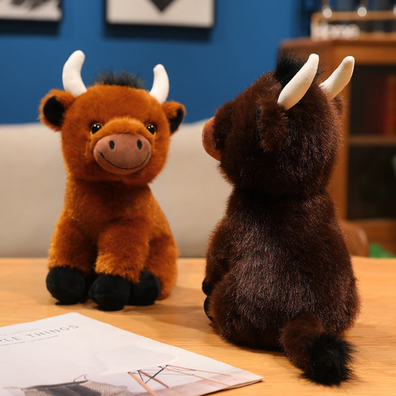 Sitting Plush Bull Decorative Soft Toy with Embroidered Snout, Horns & Soft Faux-Fur Kalsten