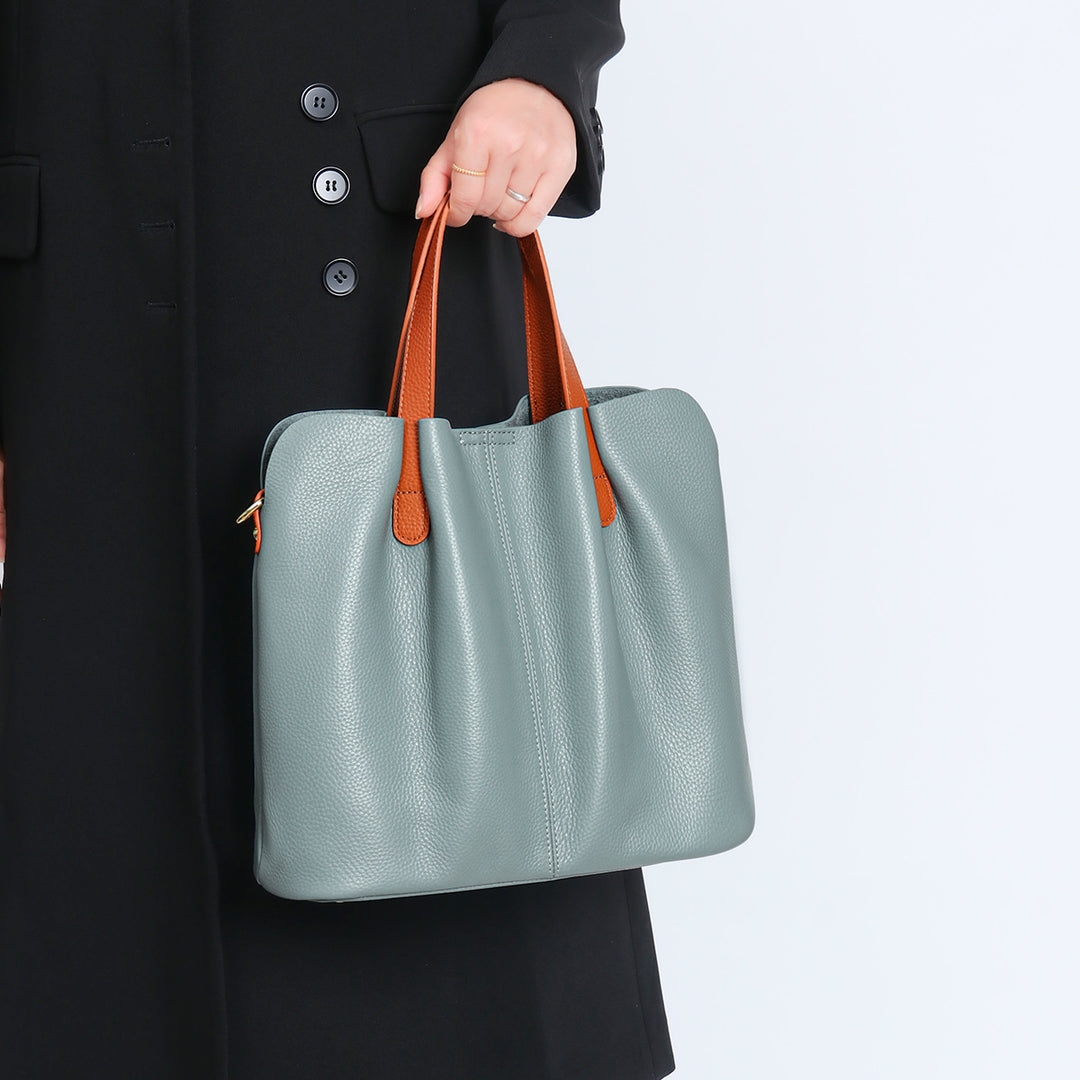 Soft-Grain Leather Ruched Shopper Tote with Contrast Short Handles