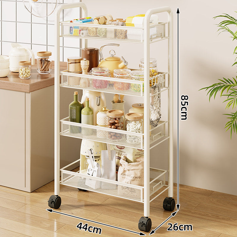 Three-Tier Rolling Mesh Kitchen Storage Cart with Side Utensil Caddy and Locking Casters