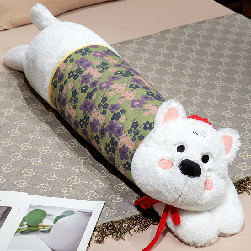 Oversized plush body pillow with dog head, floral middle part and extra soft microfiber cover