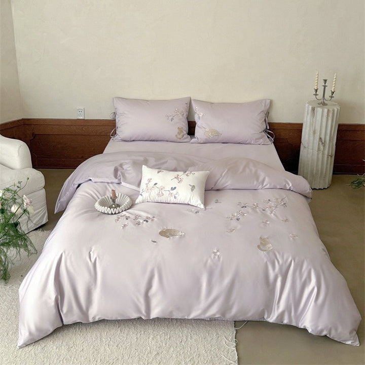 Elegant embroidered bedding set made of cotton satin with cat and flower motif Kalsten